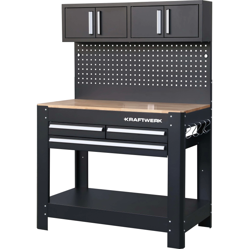 BANCADA DE TRABALHO COM 3 GAVETAS 2 ARMÁRIOS DE PAREDE